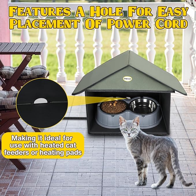 Dreyoo Outdoor Cat Feeding Station for Food & Water, Weatherproof Outdoor Kitty Dining Room Cat Shelter for Stray, Feral Cats and Community Cats, 13”d x 17”w x 15.5'h (1 Pack,Dark Green)