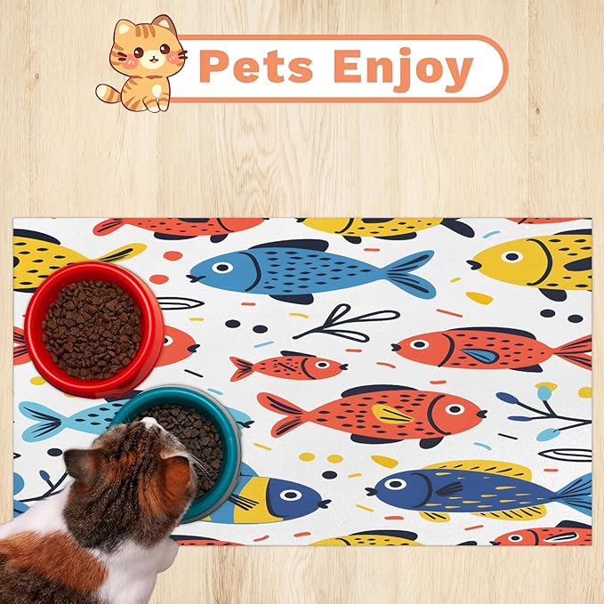 Colorful Fish Dog Food Mat for Floors Absorbent Dog Bowl Mat for Food and Water Dispenser Quick Dry Cat Food Placemat Pet Supplies 16" x 24", Ocean
