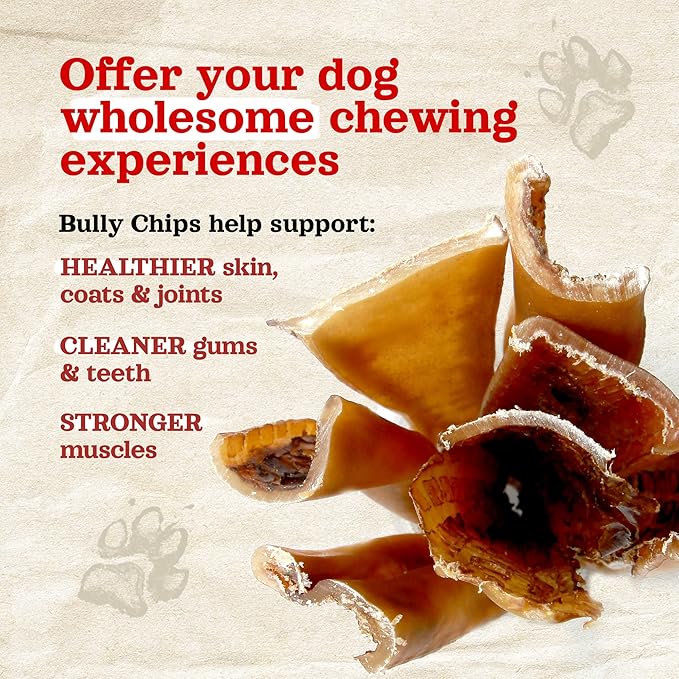 Natural Farm Bully Chips (4-6 Inch, 8 Oz.), Digestible Beef Cheek from Grass-Fed Cows, Non-GMO, Grain-Free, Natural Long-Lasting Dog Chews for Small, Medium & Large Dogs, Great Rawhide Alternative