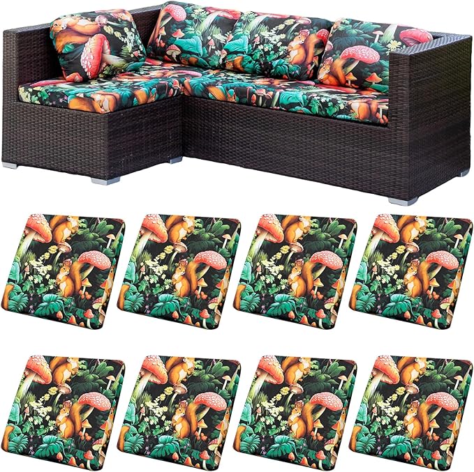 HANDONTIME Forest Outdoor Cushion Covers 8pcs Squirrel Mushroom Couch Cushion Covers Replacement Patio Couch Cover Black Sofa Cover Indoor Patio Cushion for Outdoor Furniture Washable, Cover Only