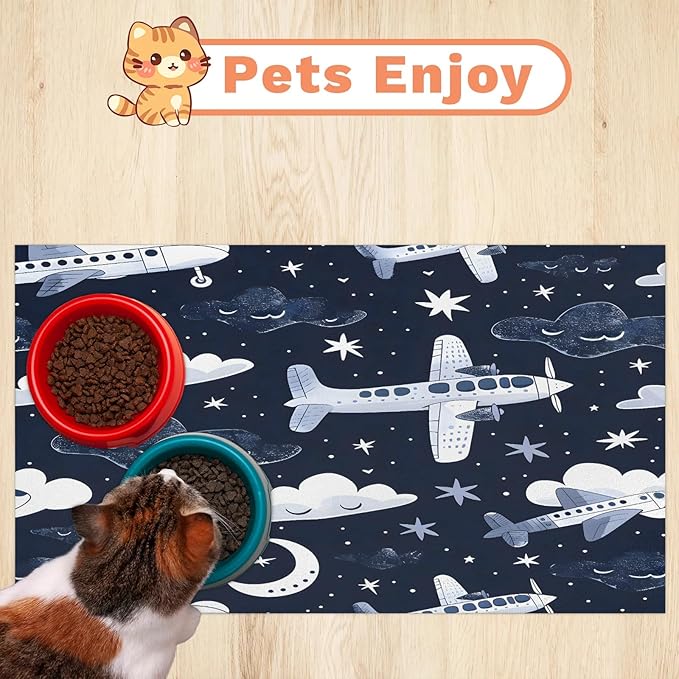 Flying Airplane Dog Food Mat for Floors Absorbent, Quick Dry Water Dispenser Mat for Food, Water, Pet Supplies 17" x 30", Star Clouds