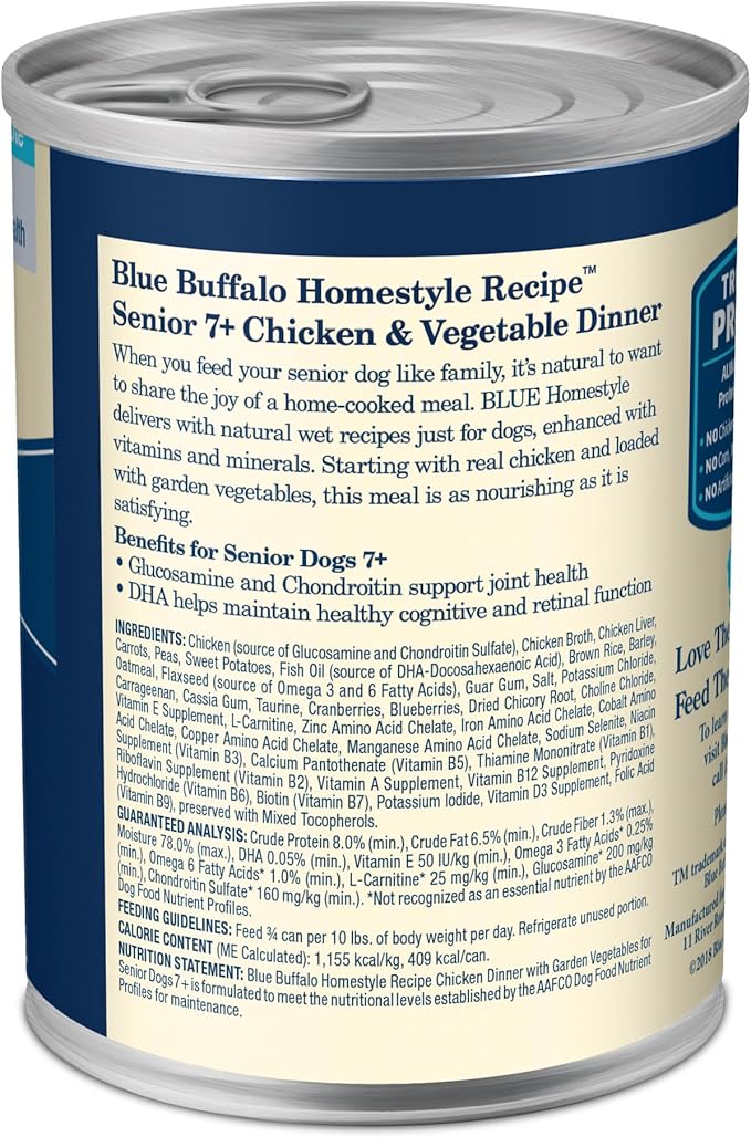 Blue Buffalo Homestyle Recipe Senior 7+ Chicken and Vegetable Dinner Wet Dog Food for Senior 7+ Dogs, Chicken Recipe, 12.5 oz. Cans, 3 Count