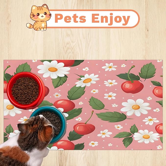 Red Cherry Dog Food Mat for Floors Absorbent Dog Bowl Mat for Food and Water Dispenser Quick Dry Cat Food Placemat Pet Supplies 24" x 32", Daisy Flowers