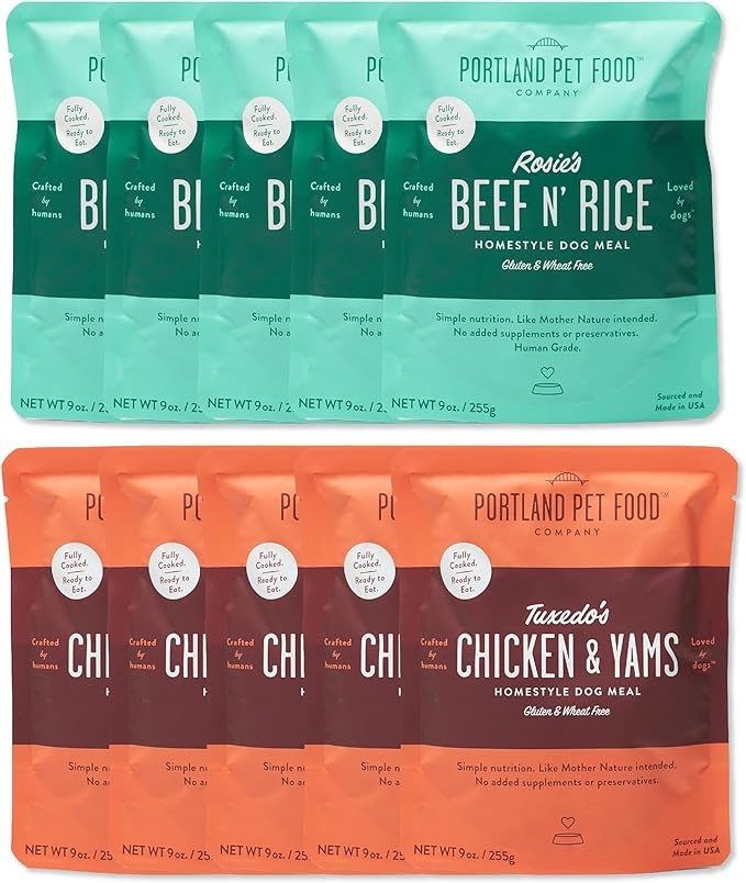 CRAFTED BY HUMANS LOVED BY DOGS Portland Pet Food Company Rosie’s Beef N' Rice Wet Dog Food Pouches 5pk and Tuxedo’s Chicken & Yams Wet Dog Food Pouches 5pk Bundle