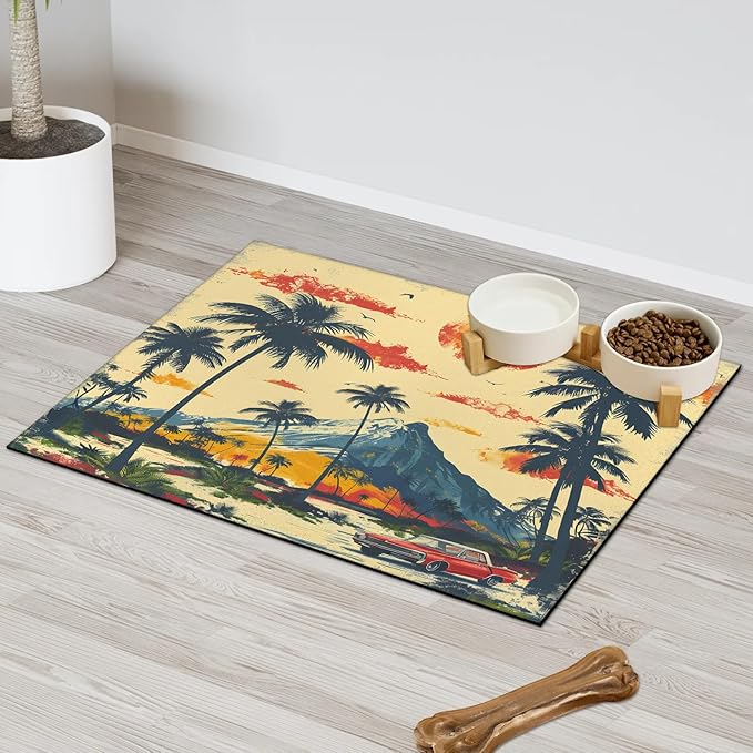Palm Tree Dog Food Mat for Floors Absorbent, Quick Dry Water Dispenser Mat for Food, Water, Pet Supplies 17" x 30", Mountain