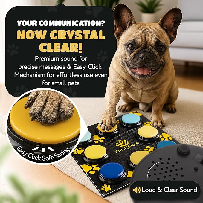 KUL KING'S Waterproof & Non-Slip Dog Command Buttons - 8 Recordable Buttons with Special Training Mat & Guide, Batteries, Stickers - Talking Dog Buttons for Communication