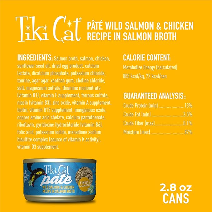 Tiki Cat Luau Pâté, Wild Salmon & Chicken Recipe in Salmon Broth, Grain-Free Balanced Nutrition Wet Canned Cat Food, for All Life Stages, 2.8 oz. Cans (Pack of 12)