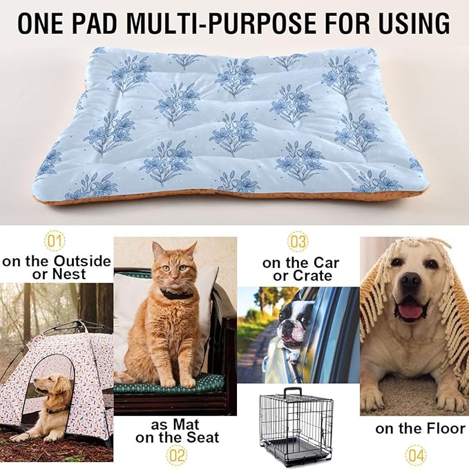 Dog Bed for Crate Washable Pet Sleep Pad, Floral Print Kennel Mat with Non-Slip Bottom, Soft Fluffy Supplies Pet for Dogs and Cats (24x18 inch)
