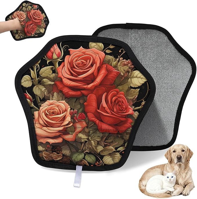 Reusable Pet Hair Removal Glove Roses Flowers Magic Brush for Cat & Dog Hair Remover for Car, Sofa, Bedding, Clothes - 9x9 Mitt Washable