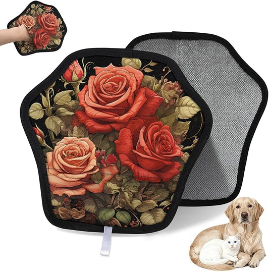 Reusable Pet Hair Removal Glove Roses Flowers Magic Brush for Cat & Dog Hair Remover for Car, Sofa, Bedding, Clothes - 9x9 Mitt Washable
