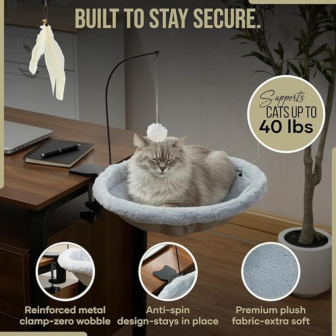 Cat Desk Bed for Home Office – Plush Clamp-On Cat Hammock with Hanging Feather and Ball Toy, Non-Slip Heavy-Duty Mount, Space-Saving Desk Mounted Cat Bed for Remote Workers Supports 40 lbs