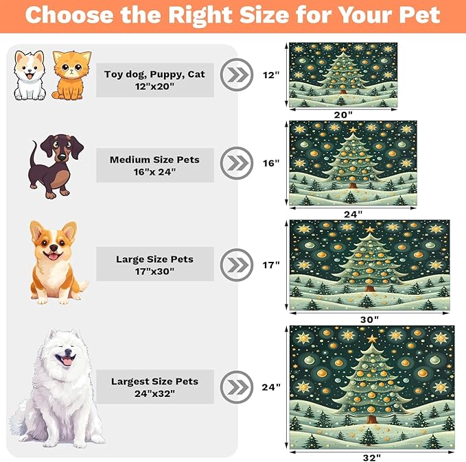 Christmas Trees Dog Food Mat for Floors Absorbent, Quick Dry Water Dispenser Mat for Food, Water, Pet Supplies 17" x 30", Merry Xmas