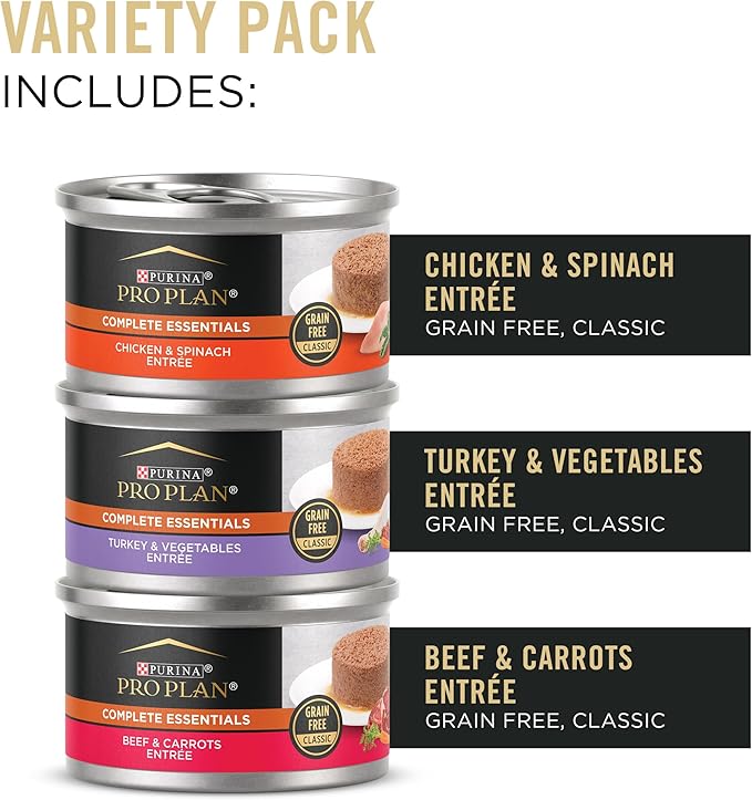 Purina Pro Plan Complete Essentials Chicken, Turkey and Beef Grain Free Wet Cat Food Variety - 3 oz. Cans, (Pack of 48)