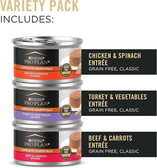 Purina Pro Plan Complete Essentials Chicken, Turkey and Beef Grain Free Wet Cat Food Variety - 3 oz. Cans, (Pack of 48)