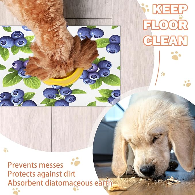 Blueberry Fruit Dog Food Mat for Floors Absorbent Dog Bowl Mat for Food and Water Dispenser Quick Dry Cat Food Placemat Pet Supplies 24" x 32", Green Leaves