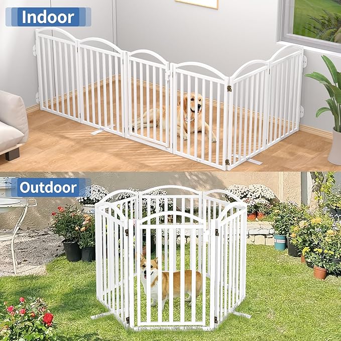 Malier Metal Freestanding Dog Gates with Door, 32'' Height Outdoor Indoor Dog Fences, Extra Wide Foldable Puppy Gate for Stairs (White, 【6 Panels with Door】 120''W × 32''H)