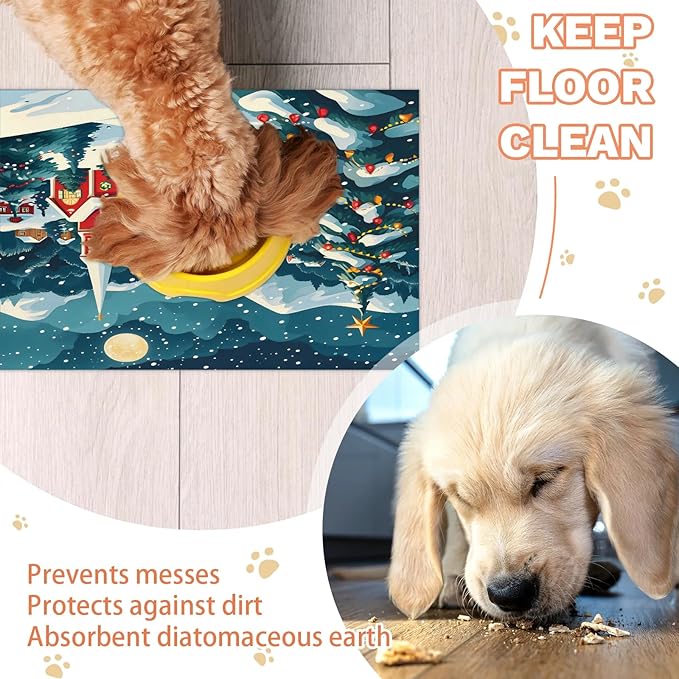 Christmas Xmas Dog Food Mat for Floors Absorbent, Quick Dry Water Dispenser Mat for Food, Water, Pet Supplies 12" x 20", Winter Village