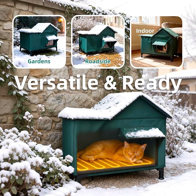 BARKBUDDY Heated Cat House for Outdoor & Indoor Use in Winer, 113°F Constant-Temperature Heating Pad Waterproof Windproof Warm Shelter Cat Houses (Green, Large (25" L x 17" W x 20" H))