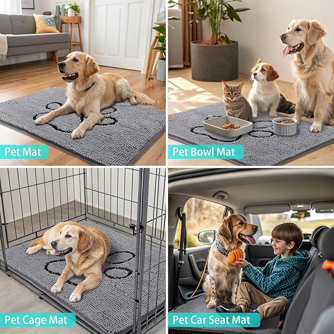 Smiry Dog Door Mat for Muddy Paws, Absorbent Dirt Trapper Non Slip Quick Dry Washable Chenille Mat for Mud Dogs, Entry Rug for Indoor and Outdoor (47x17 Inches, Grey and Black)