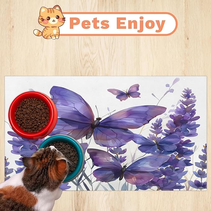 Purple Butterfly Dog Food Mat for Floors Absorbent, Quick Dry Water Dispenser Mat for Food, Water, Pet Supplies 12" x 20", Lavender Floral
