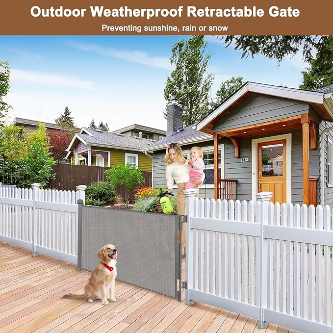 100" Wide Weatherproof Outdoor Retractable Dog Gate with No Rust Screws and Rods, Waterproof 8 Ft Retractable Baby Gates Extra Wide, Scratch-Resistant Mesh Long Baby Gates Indoor Extra Long, Gray