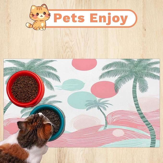 Palm Trees Dog Food Mat for Floors Absorbent, Quick Dry Water Dispenser Mat for Food, Water, Pet Supplies 24" x 32", Watercolor Sun