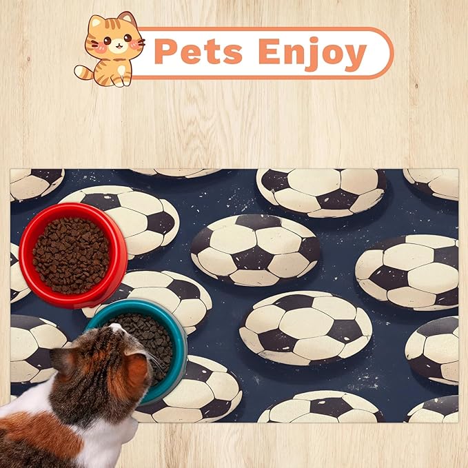 Football Soccer Dog Food Mat for Floors Absorbent, Quick Dry Water Dispenser Mat for Food, Water, Pet Supplies 16" x 24", Sports Game