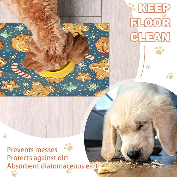 Christmas Gingerbread Dog Food Mat for Floors Absorbent, Quick Dry Water Dispenser Mat for Food, Water, Pet Supplies 12" x 20", Xmas Snowflake