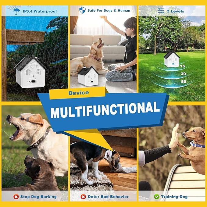 Effective Anti Barking Deterrent - 3 Adjustable Levels Bark Control Device, 50FT Waterproof Outdoor Tool for Small/Medium/Large Dogs