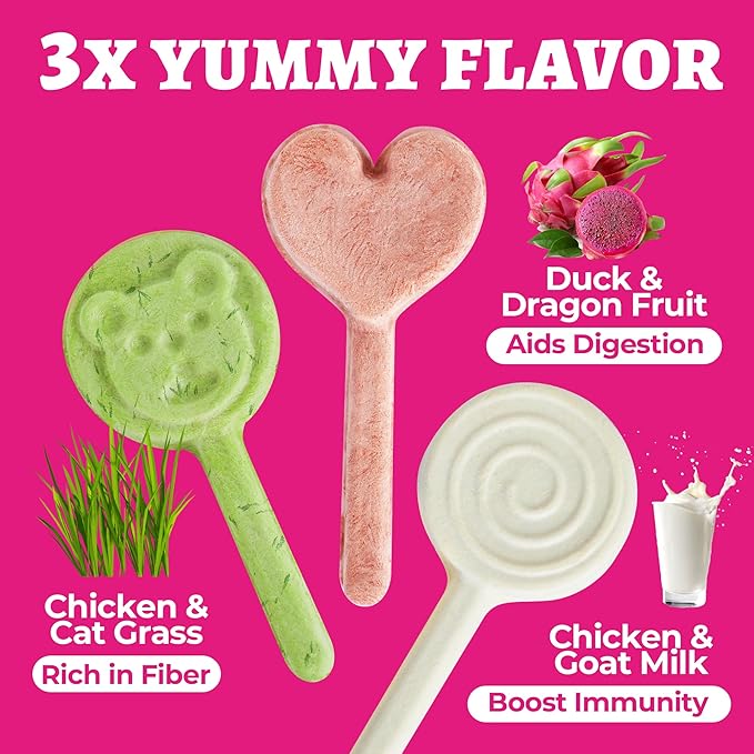 Wellix Freeze Dried Dog&Cat Treats - High Protein Chicken Recipe Lollipop Cat Treats - Three Flavors (Cat Grass, Dragon Fruit, Goat Milk) - Low Calorie Training Treats 21pcs