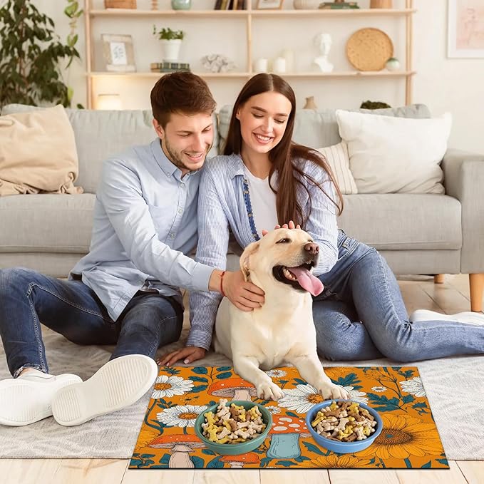 Mushroom Dog Food Mat for Floors Absorbent Dog Bowl Mat for Food and Water Dispenser Quick Dry Cat Food Placemat Pet Supplies 24" x 32", Daisy Flower