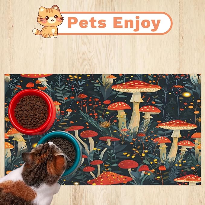 Red Mushroom Dog Food Mat for Floors Absorbent Dog Bowl Mat for Food and Water Dispenser Quick Dry Cat Food Placemat Pet Supplies 17" x 30", Green Leaf