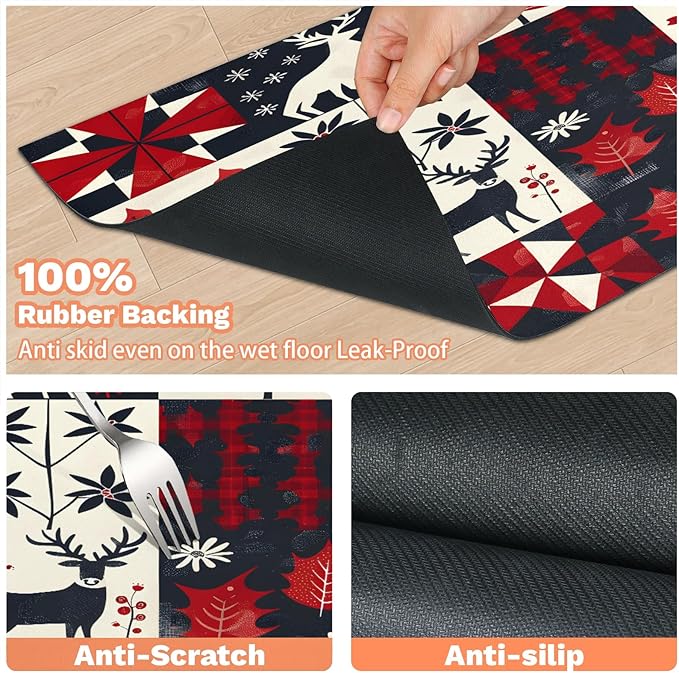 Xmas Deer Dog Food Mat for Floors Absorbent, Quick Dry Water Dispenser Mat for Food, Water, Pet Supplies 17" x 30", Christmas Tree