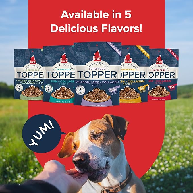 Plato Pet Treats Dog Food Toppers - Air-Dried Dog Food Toppers for Dry Food - with Collagen to Support Skin and Coat Health - Venison, Lamb and Collagen Recipe 5.5oz