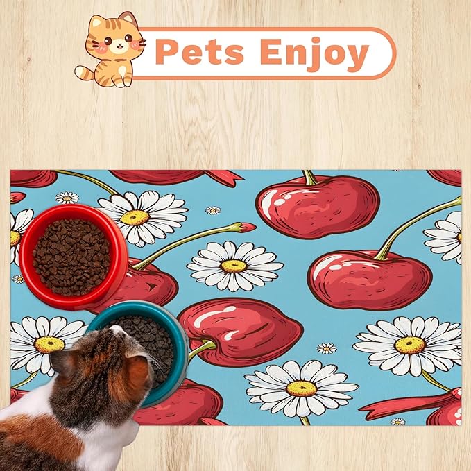 Cherry Dog Food Mat for Floors Absorbent Dog Bowl Mat for Food and Water Dispenser Quick Dry Cat Food Placemat Pet Supplies 16" x 24", Daisy Flowers