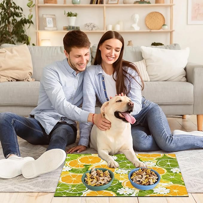 Lemon Dog Food Mat for Floors Absorbent Dog Bowl Mat for Food and Water Dispenser Quick Dry Cat Food Placemat Pet Supplies 24" x 32", Daisy Floral