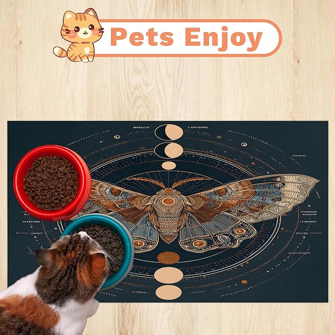 Boho Butterfly Dog Food Mat for Floors Absorbent, Quick Dry Water Dispenser Mat for Food, Water, Pet Supplies 16" x 24", Sun Moon