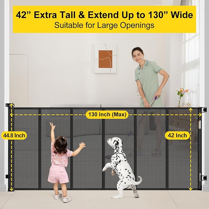 Reinforced 42” Tall x 130” Extra Wide Retractable Baby Gates Extra Tall Pet Gate for Wide Openings Long Dog gate with Rods to Prevent Crawling Through, Dog Gates for Doorways Indoor Outdoor, Black