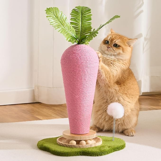 Cute Cat Scratching Post, Carrot Cat Scratcher Post with Durable Natural Wooden Turntable Toy and Catnip, 24'‘ H Carrot Shape Design Sisal Cat Tree Sisal Scratcher for Indoor Cats (Cloud Base)