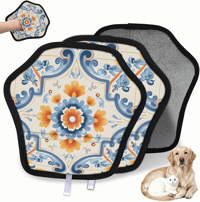 Floral Theme Electrostatic Pet Hair Removal Glove for Cats & Dogs - Reusable Grooming Mitt for Couch, Carpet, Car Seat & Laundry - Large 9x9 Inch