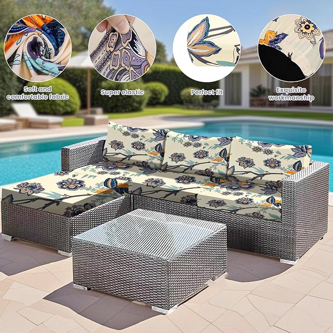 HANDONTIME 8Pcs Outdoor Patio Cushion Covers Boho Floral Stretch Couch Cushion Cover Patio Couch Slipcover for Outdoor/Indoor Washable Non-Slip Furniture Protector for Pet (Blue, Cover Only)