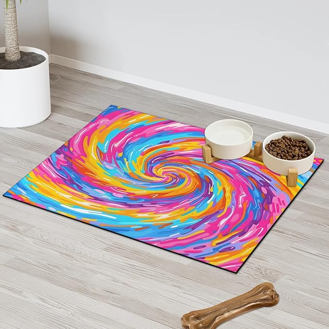 Tie dye Dog Food Mat for Floors Absorbent, Quick Dry Water Dispenser Mat for Food, Water, Pet Supplies 24" x 32", Colorful Boho Rainbow