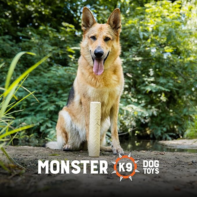 Monster K9 Indestructible Natural Series Chew Stick - Backed for Life - No Color Additives, Minimal Fillers, Safe Non-Toxic Rubber - Durable Toy for Aggressive Chewers - USA Made - 9"x2" Solid-Core