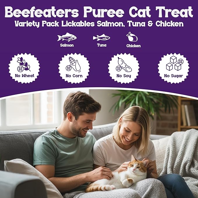 Beefeaters wet cat treats lickable 48 Count Puree Variety Pack - Salmon Tuna Chicken for Hydration & Training, Grain Free Taurine Enriched High Moisture, lickable cat treats squeeze up for Picky Eater