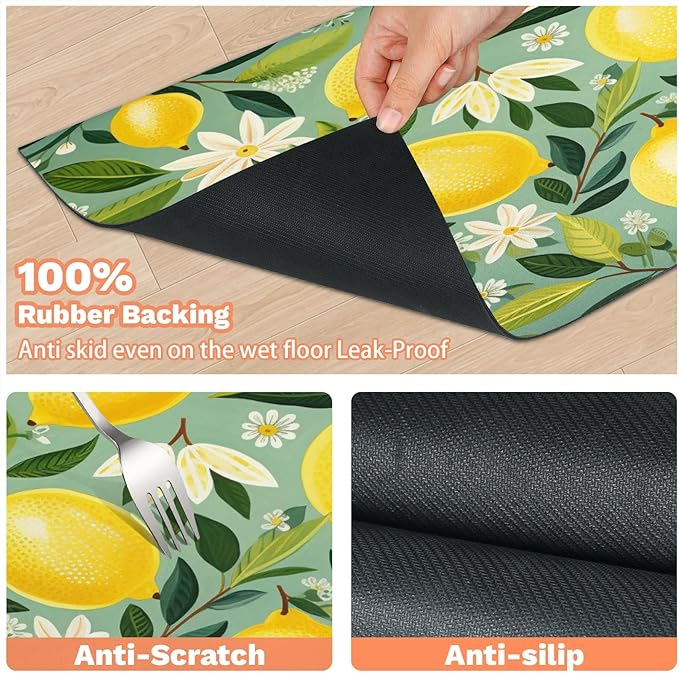Lemon Dog Food Mat for Floors Absorbent Dog Bowl Mat for Food and Water Dispenser Quick Dry Cat Food Placemat Pet Supplies 24" x 32", Green Leaves Plant