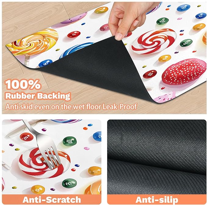 Rainbow Lollipop Dog Food Mat for Floors Absorbent Dog Bowl Mat for Food and Water Dispenser Quick Dry Cat Food Placemat Pet Supplies 17" x 30", Sweet Theme