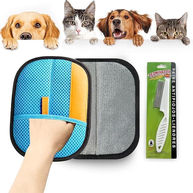 2pcs Set Pet Hair Remover Glove, Grooming Gloves for Dogs and Cats,Reusable Cat & Dog Hair Remover for Couch Furniture+Free Comb (Blue)