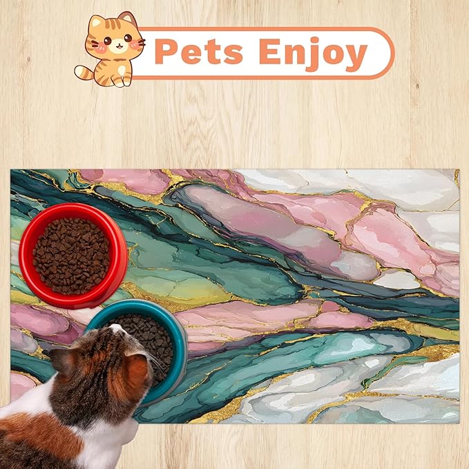 Green Pink Marble Dog Food Mat for Floors Absorbent, Quick Dry Water Dispenser Mat for Food, Water, Pet Supplies 24" x 32", Abstract