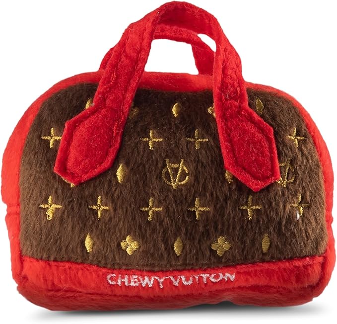 Dog Diggin Designs Chewy Vuiton Posh Purse Plush Dog Toy | Luxury-Inspired Parody Designer Handbag with Squeaker, Soft Plush Fashion Dog Toy – Haute Couture Purses & Handbags