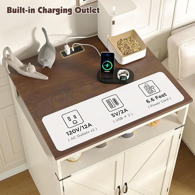 Large Litter Box Furniture with Charging Station and Shelves, Wooden Cat Litter Box Enclosure for Self-Cleaning Litter Boxes, White
